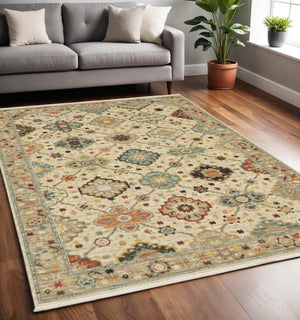 HomeRoots 2' Elegant Beige and Pale Blue Oriental Runner Rug - Stain Resistant, Fringed, Ideal for High Traffic Areas 5' X 8' 509196