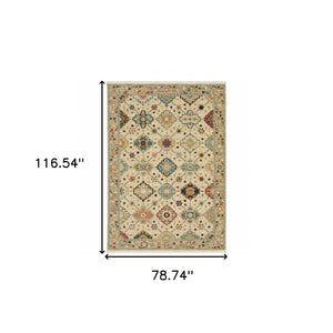HomeRoots 2' Elegant Beige and Pale Blue Oriental Runner Rug - Stain Resistant, Fringed, Ideal for High Traffic Areas 7' X 10' 509197