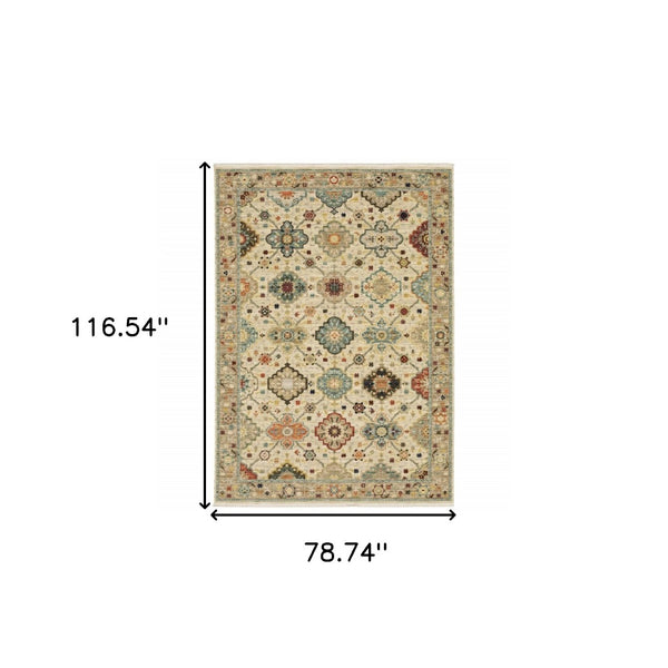 HomeRoots 2' Elegant Beige and Pale Blue Oriental Runner Rug - Stain Resistant, Fringed, Ideal for High Traffic Areas 7' X 10' 509197