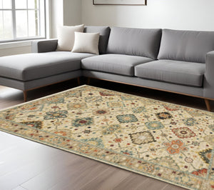 HomeRoots 2' Elegant Beige and Pale Blue Oriental Runner Rug - Stain Resistant, Fringed, Ideal for High Traffic Areas 7' X 10' 509197