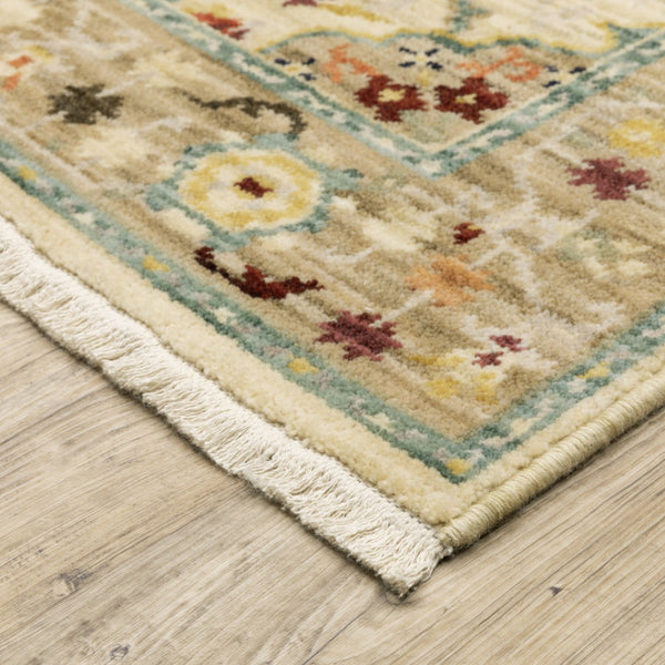 HomeRoots 2' Elegant Beige and Pale Blue Oriental Runner Rug - Stain Resistant, Fringed, Ideal for High Traffic Areas 10' X 13' 509199
