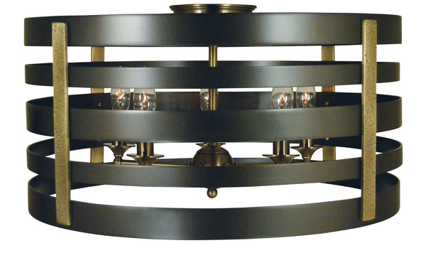 Framburg 5-light Urban Farmhouse Flush Mount Fixture With Hammered Brass Supports – Made In The Usa! Mahogany Bronze With Antique Brass Accents Metal 5092 Mb/Ab