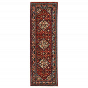 HomeRoots 2' Elegant Red Blue Ivory Orange Oriental Runner Rug - Stain Resistant, Durable, Classic Fringe Design 2' x 6' 509215