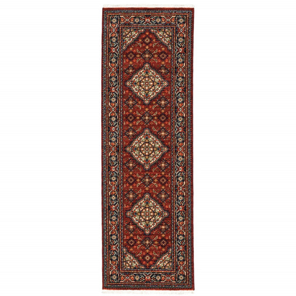 HomeRoots 2' Elegant Red Blue Ivory Orange Oriental Runner Rug - Stain Resistant, Durable, Classic Fringe Design 2' x 6' 509215