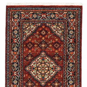 HomeRoots 2' Elegant Red Blue Ivory Orange Oriental Runner Rug - Stain Resistant, Durable, Classic Fringe Design 2' x 6' 509215