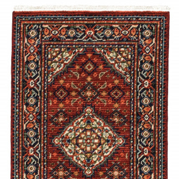 HomeRoots 2' Elegant Red Blue Ivory Orange Oriental Runner Rug - Stain Resistant, Durable, Classic Fringe Design 2' x 6' 509215