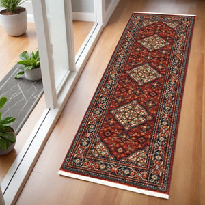 HomeRoots 2' Elegant Red Blue Ivory Orange Oriental Runner Rug - Stain Resistant, Durable, Classic Fringe Design 2' x 6' 509215