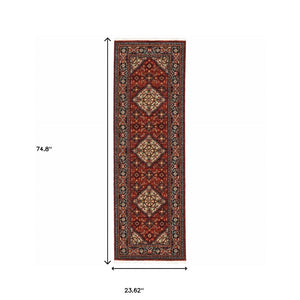 HomeRoots 2' Elegant Red Blue Ivory Orange Oriental Runner Rug - Stain Resistant, Durable, Classic Fringe Design 2' x 6' 509215