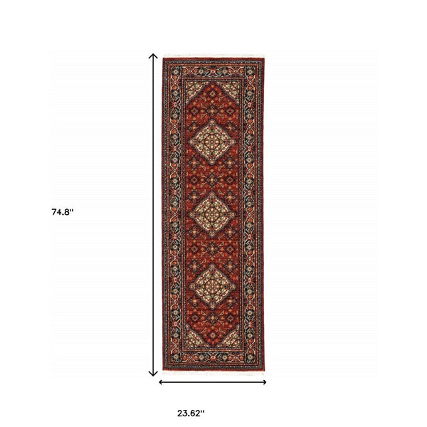 HomeRoots 2' Elegant Red Blue Ivory Orange Oriental Runner Rug - Stain Resistant, Durable, Classic Fringe Design 2' x 6' 509215