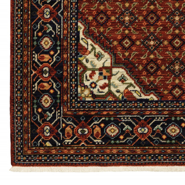 HomeRoots 2' Elegant Red Blue Ivory Orange Oriental Runner Rug - Stain Resistant, Durable, Classic Fringe Design 2' x 6' 509215