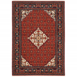 HomeRoots 2' Elegant Red Blue Ivory Orange Oriental Runner Rug - Stain Resistant, Durable, Classic Fringe Design 3' x 5' 509216