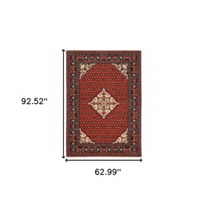 HomeRoots 2' Elegant Red Blue Ivory Orange Oriental Runner Rug - Stain Resistant, Durable, Classic Fringe Design 5' X 8' 509217
