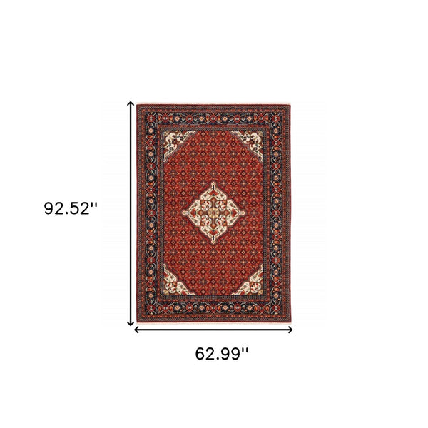 HomeRoots 2' Elegant Red Blue Ivory Orange Oriental Runner Rug - Stain Resistant, Durable, Classic Fringe Design 5' X 8' 509217