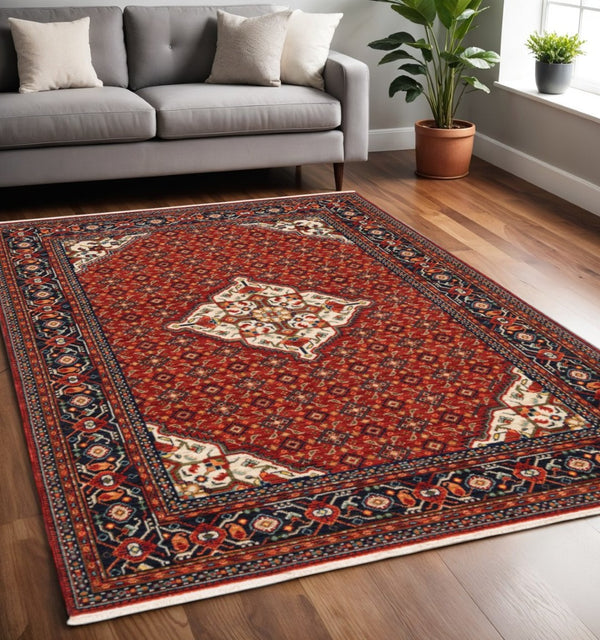 HomeRoots 2' Elegant Red Blue Ivory Orange Oriental Runner Rug - Stain Resistant, Durable, Classic Fringe Design 5' X 8' 509217