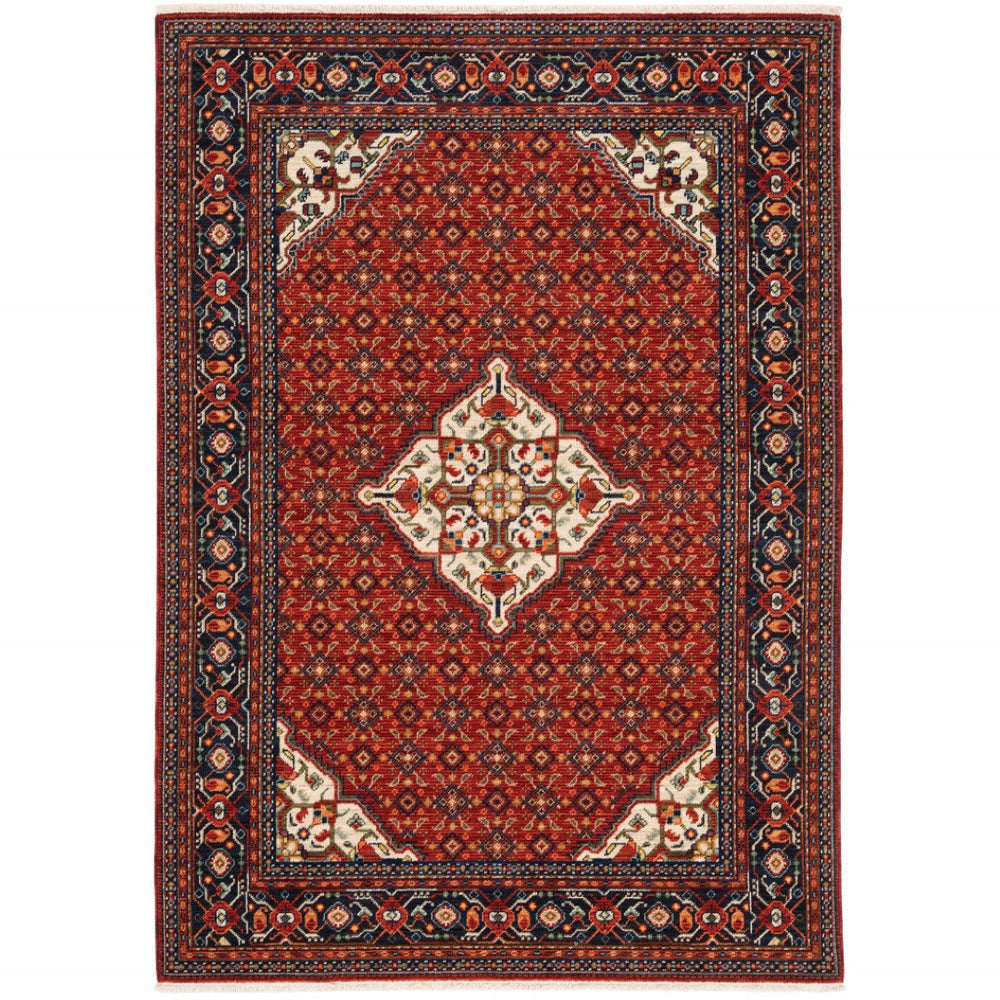 HomeRoots 2' Elegant Red Blue Ivory Orange Oriental Runner Rug - Stain Resistant, Durable, Classic Fringe Design 7' X 10' 509218