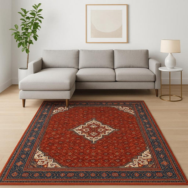 HomeRoots 2' Elegant Red Blue Ivory Orange Oriental Runner Rug - Stain Resistant, Durable, Classic Fringe Design 7' X 10' 509218