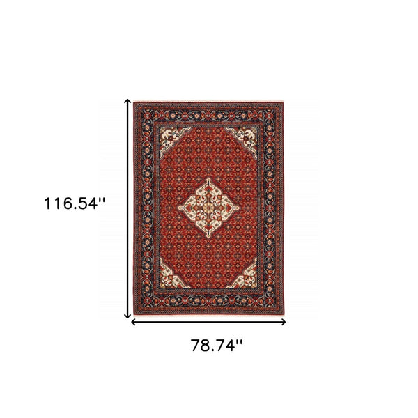 HomeRoots 2' Elegant Red Blue Ivory Orange Oriental Runner Rug - Stain Resistant, Durable, Classic Fringe Design 7' X 10' 509218