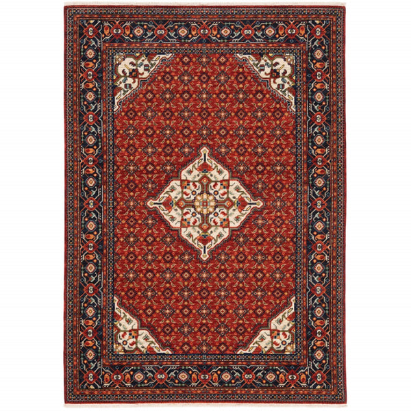 HomeRoots 2' Elegant Red Blue Ivory Orange Oriental Runner Rug - Stain Resistant, Durable, Classic Fringe Design 8' X 11' 509219