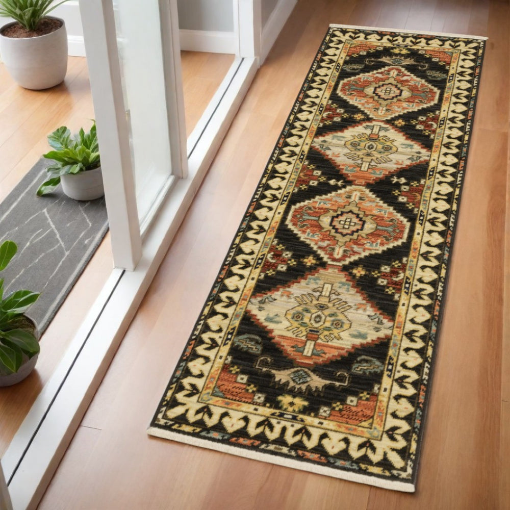 HomeRoots 2' Navy Blue Oriental Runner Rug - Elegant Power Loom Design with Fringe for Hallways & Entryways 2' x 6' 509221