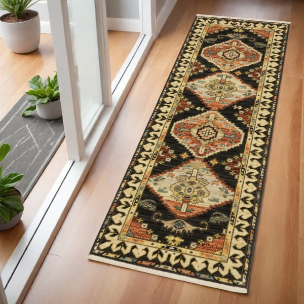 HomeRoots 2' Navy Blue Oriental Runner Rug - Elegant Power Loom Design with Fringe for Hallways & Entryways 2' x 6' 509221