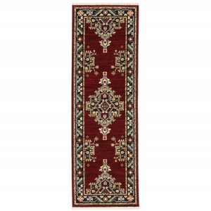 HomeRoots 2' Elegant Red, Ivory, Blue & Orange Oriental Runner Rug - Stain Resistant with Classic Fringe Detail 2' x 6' 509223