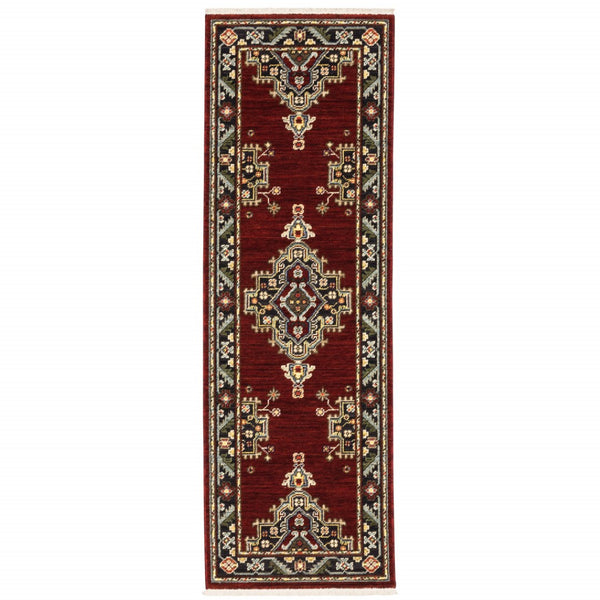 HomeRoots 2' Elegant Red, Ivory, Blue & Orange Oriental Runner Rug - Stain Resistant with Classic Fringe Detail 2' x 6' 509223