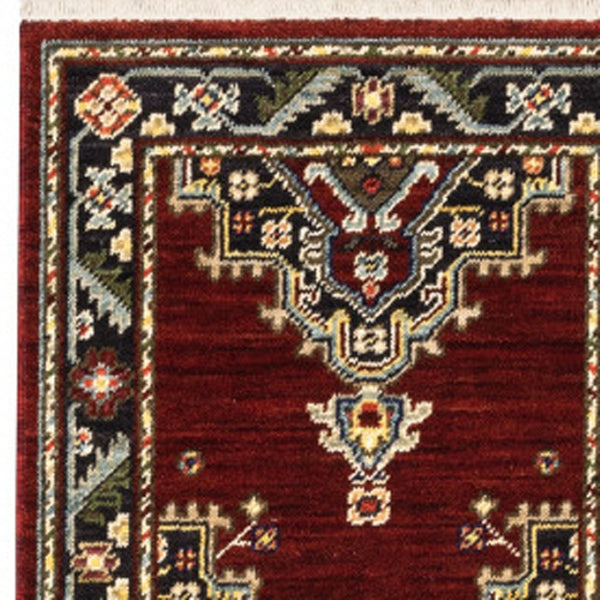 HomeRoots 2' Elegant Red, Ivory, Blue & Orange Oriental Runner Rug - Stain Resistant with Classic Fringe Detail 2' x 6' 509223