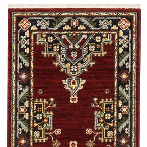 HomeRoots 2' Elegant Red, Ivory, Blue & Orange Oriental Runner Rug - Stain Resistant with Classic Fringe Detail 2' x 6' 509223