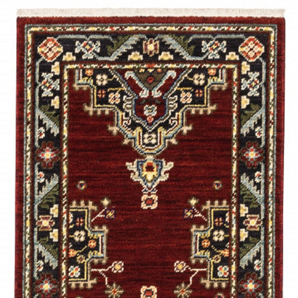 HomeRoots 2' Elegant Red, Ivory, Blue & Orange Oriental Runner Rug - Stain Resistant with Classic Fringe Detail 2' x 6' 509223