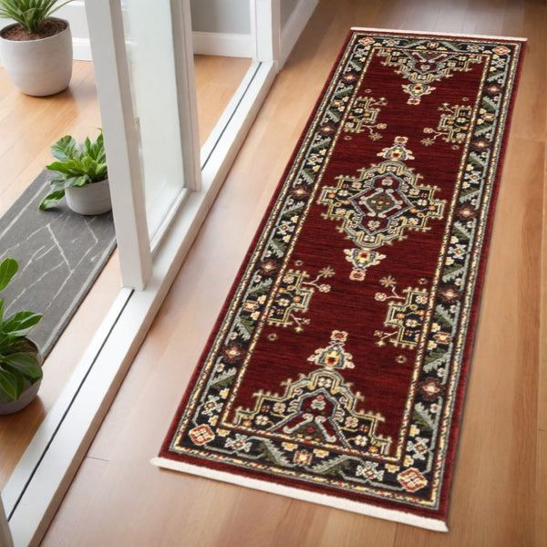 HomeRoots 2' Elegant Red, Ivory, Blue & Orange Oriental Runner Rug - Stain Resistant with Classic Fringe Detail 2' x 6' 509223