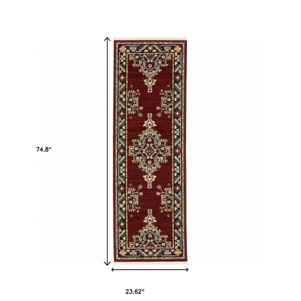 HomeRoots 2' Elegant Red, Ivory, Blue & Orange Oriental Runner Rug - Stain Resistant with Classic Fringe Detail 2' x 6' 509223