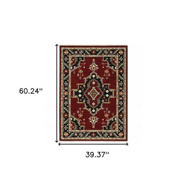HomeRoots 2' Elegant Red, Ivory, Blue & Orange Oriental Runner Rug - Stain Resistant with Classic Fringe Detail 3' X 5' 509224