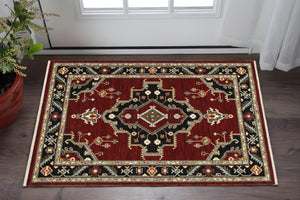 HomeRoots 2' Elegant Red, Ivory, Blue & Orange Oriental Runner Rug - Stain Resistant with Classic Fringe Detail 3' X 5' 509224