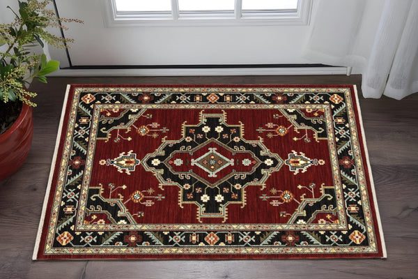HomeRoots 2' Elegant Red, Ivory, Blue & Orange Oriental Runner Rug - Stain Resistant with Classic Fringe Detail 3' X 5' 509224