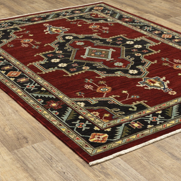 HomeRoots 2' Elegant Red, Ivory, Blue & Orange Oriental Runner Rug - Stain Resistant with Classic Fringe Detail 3' X 5' 509224