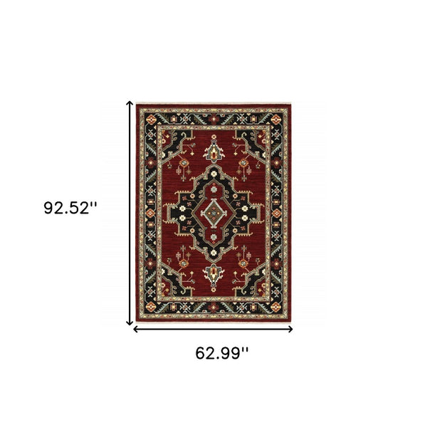 HomeRoots 2' Elegant Red, Ivory, Blue & Orange Oriental Runner Rug - Stain Resistant with Classic Fringe Detail 5' X 8' 509225