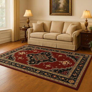 HomeRoots 2' Elegant Red, Ivory, Blue & Orange Oriental Runner Rug - Stain Resistant with Classic Fringe Detail 5' X 8' 509225