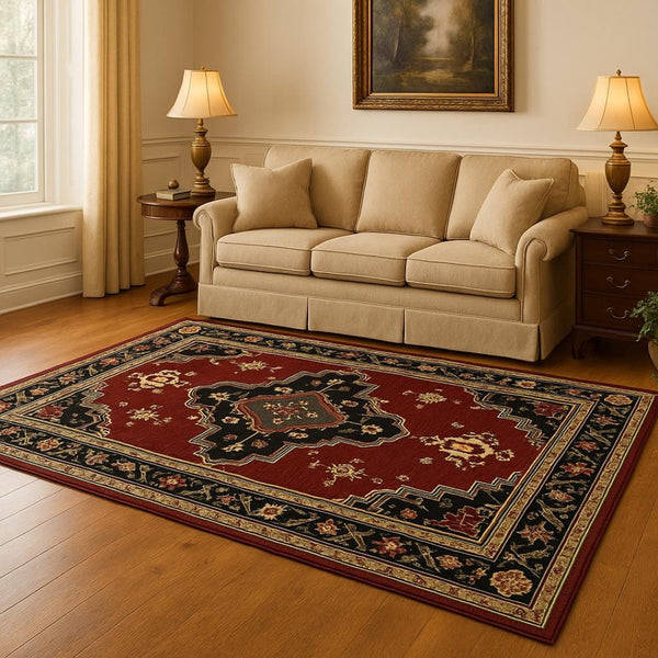 HomeRoots 2' Elegant Red, Ivory, Blue & Orange Oriental Runner Rug - Stain Resistant with Classic Fringe Detail 5' X 8' 509225