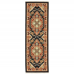 HomeRoots 2' Elegant Black and Orange Oriental Power Loom Runner Rug – Stain Resistant with Fringed Edges 2' x 6' 509227