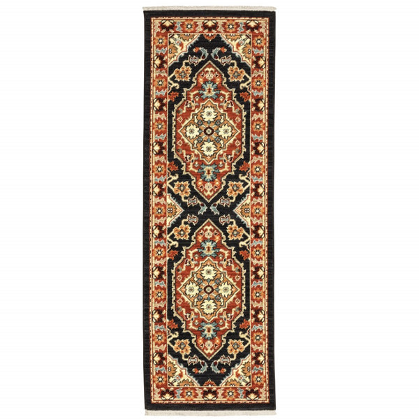 HomeRoots 2' Elegant Black and Orange Oriental Power Loom Runner Rug – Stain Resistant with Fringed Edges 2' x 6' 509227