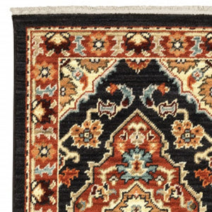 HomeRoots 2' Elegant Black and Orange Oriental Power Loom Runner Rug – Stain Resistant with Fringed Edges 2' x 6' 509227