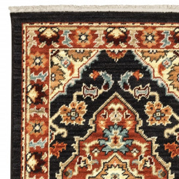 HomeRoots 2' Elegant Black and Orange Oriental Power Loom Runner Rug – Stain Resistant with Fringed Edges 2' x 6' 509227