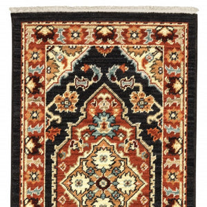 HomeRoots 2' Elegant Black and Orange Oriental Power Loom Runner Rug – Stain Resistant with Fringed Edges 2' x 6' 509227
