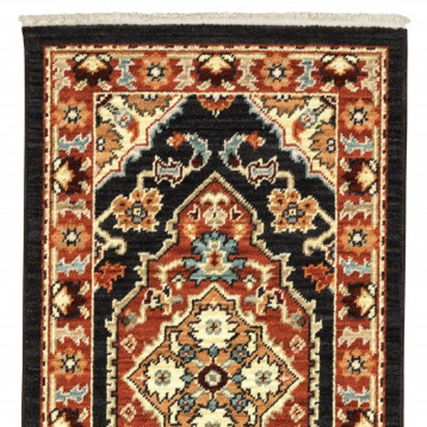 HomeRoots 2' Elegant Black and Orange Oriental Power Loom Runner Rug – Stain Resistant with Fringed Edges 2' x 6' 509227