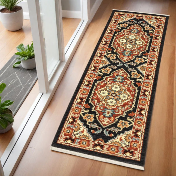 HomeRoots 2' Elegant Black and Orange Oriental Power Loom Runner Rug – Stain Resistant with Fringed Edges 2' x 6' 509227
