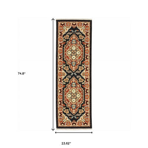 HomeRoots 2' Elegant Black and Orange Oriental Power Loom Runner Rug – Stain Resistant with Fringed Edges 2' x 6' 509227