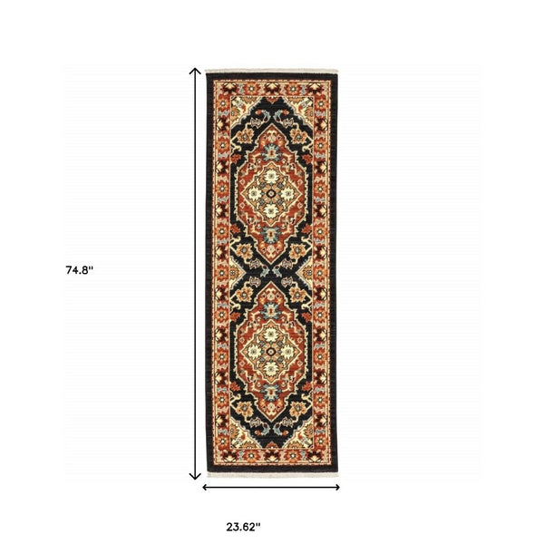 HomeRoots 2' Elegant Black and Orange Oriental Power Loom Runner Rug – Stain Resistant with Fringed Edges 2' x 6' 509227