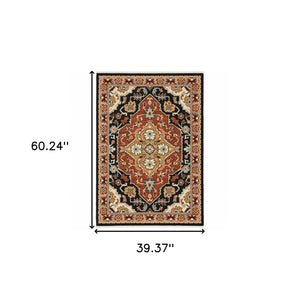 HomeRoots 2' Elegant Black and Orange Oriental Power Loom Runner Rug – Stain Resistant with Fringed Edges 3' x 5' 509228
