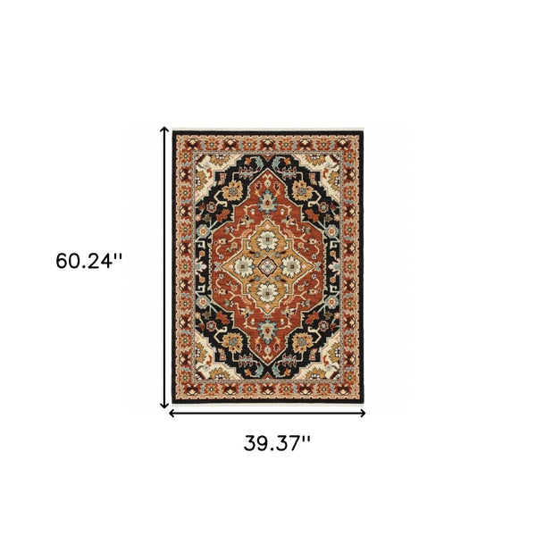 HomeRoots 2' Elegant Black and Orange Oriental Power Loom Runner Rug – Stain Resistant with Fringed Edges 3' x 5' 509228