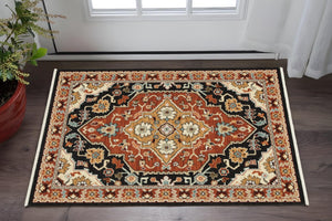 HomeRoots 2' Elegant Black and Orange Oriental Power Loom Runner Rug – Stain Resistant with Fringed Edges 3' x 5' 509228